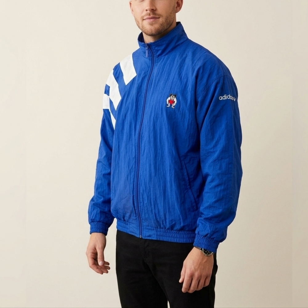 Adidas Vintage Blue Windbreaker Jacket Men’s Size M White Stripes Full Zip